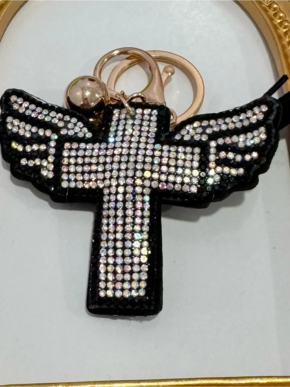 New Silver/Black Winged Crystal Cross Keychain